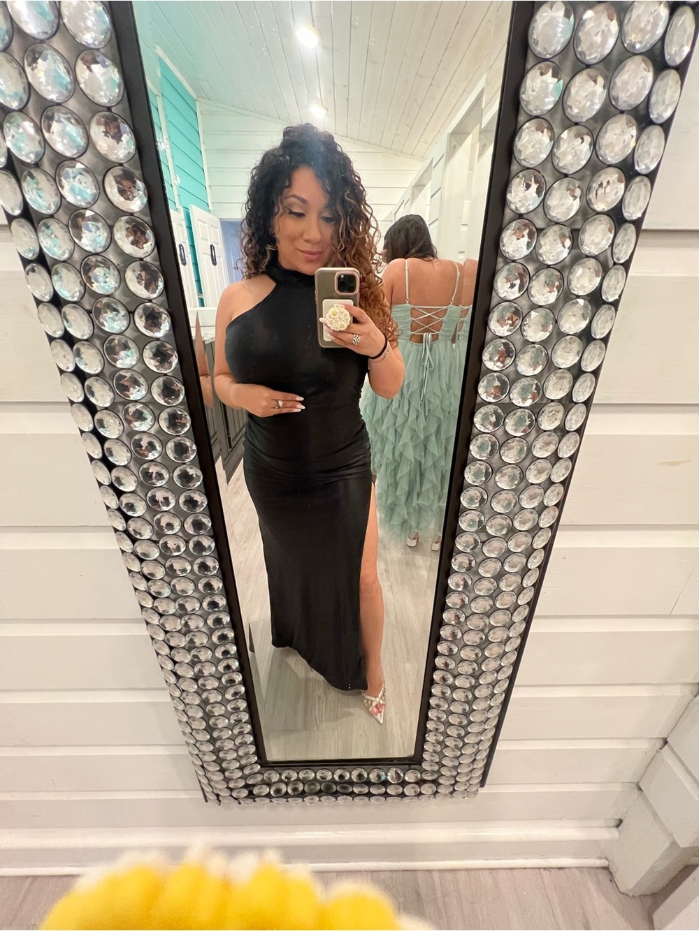 Black Halter Maxi Dress Ruched Bodycon Cutout Open Back High Slit Women’s L